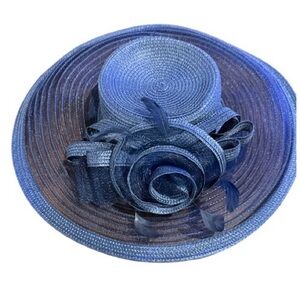 Elegant Blue Women's Hat with wide brim and flower-like embellishment